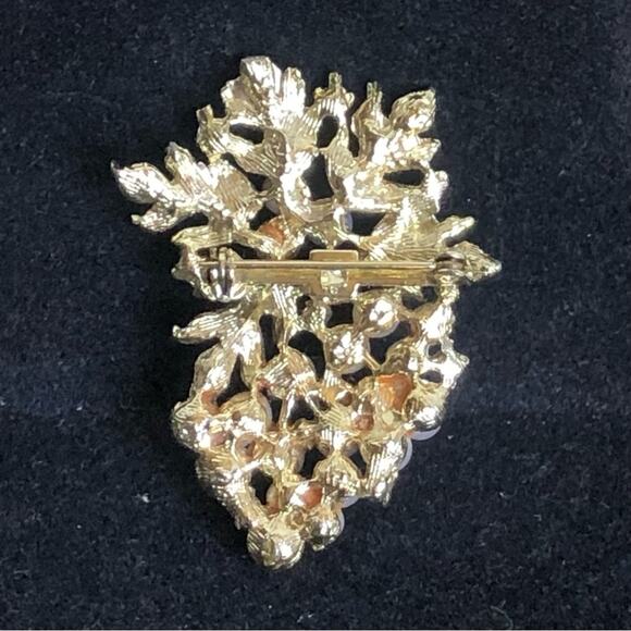 Vintage Mid-Century Amber Aurora Borealis Spray Brooch Pearl Flower Gold-Tone - Picture 6 of 7